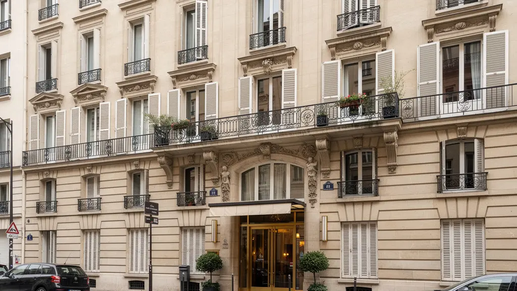 Façade élégante d'un hôtel parisien traditionnel dans le quartier Madeleine