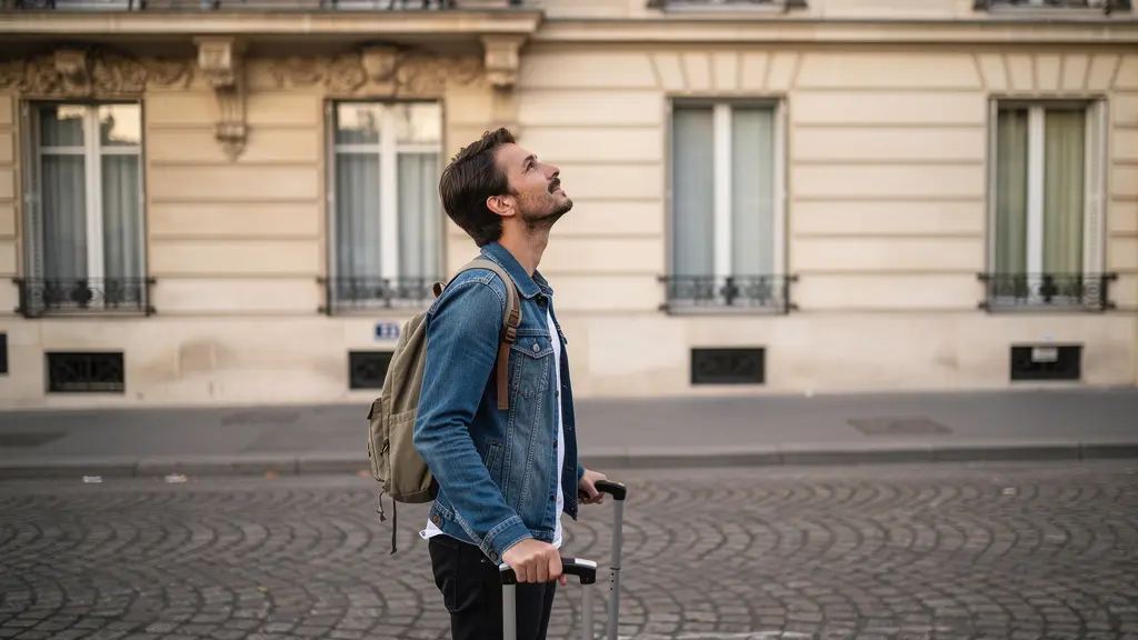 Voyageur découvrant une rue haussmannienne du 8ème arrondissement à Paris avec sa valise