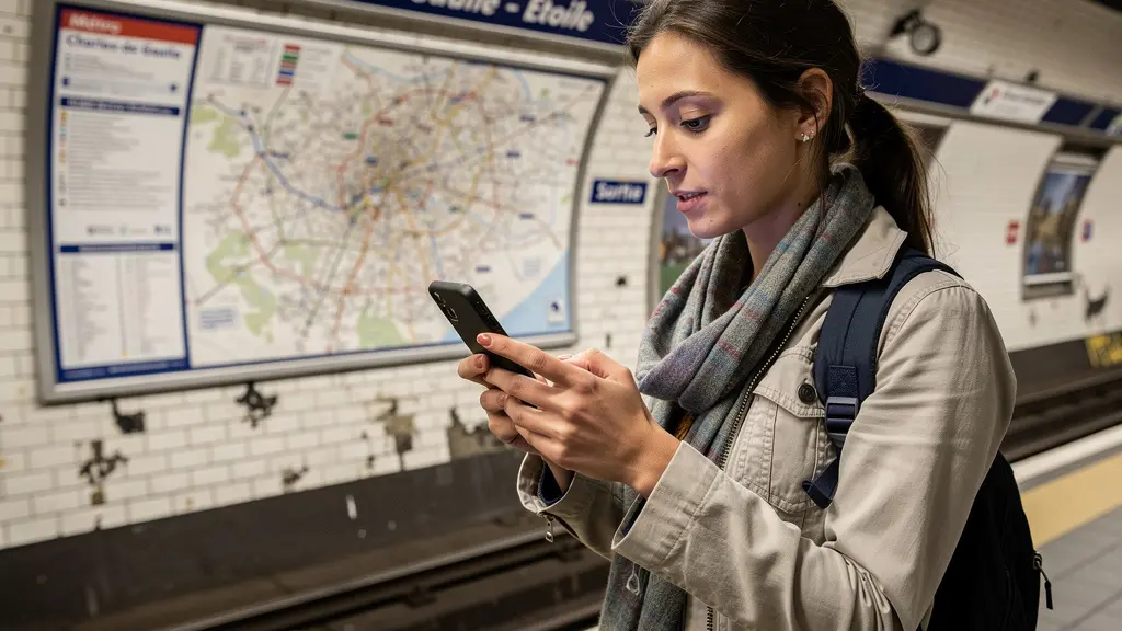 Voyageuse consultant le plan du métro parisien pour optimiser ses déplacements